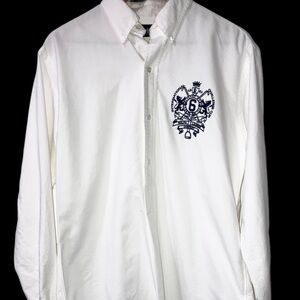Ralph Lauren White Button Down Shirt Blue Challenge Cup Crest Oxford Poplin Sz M